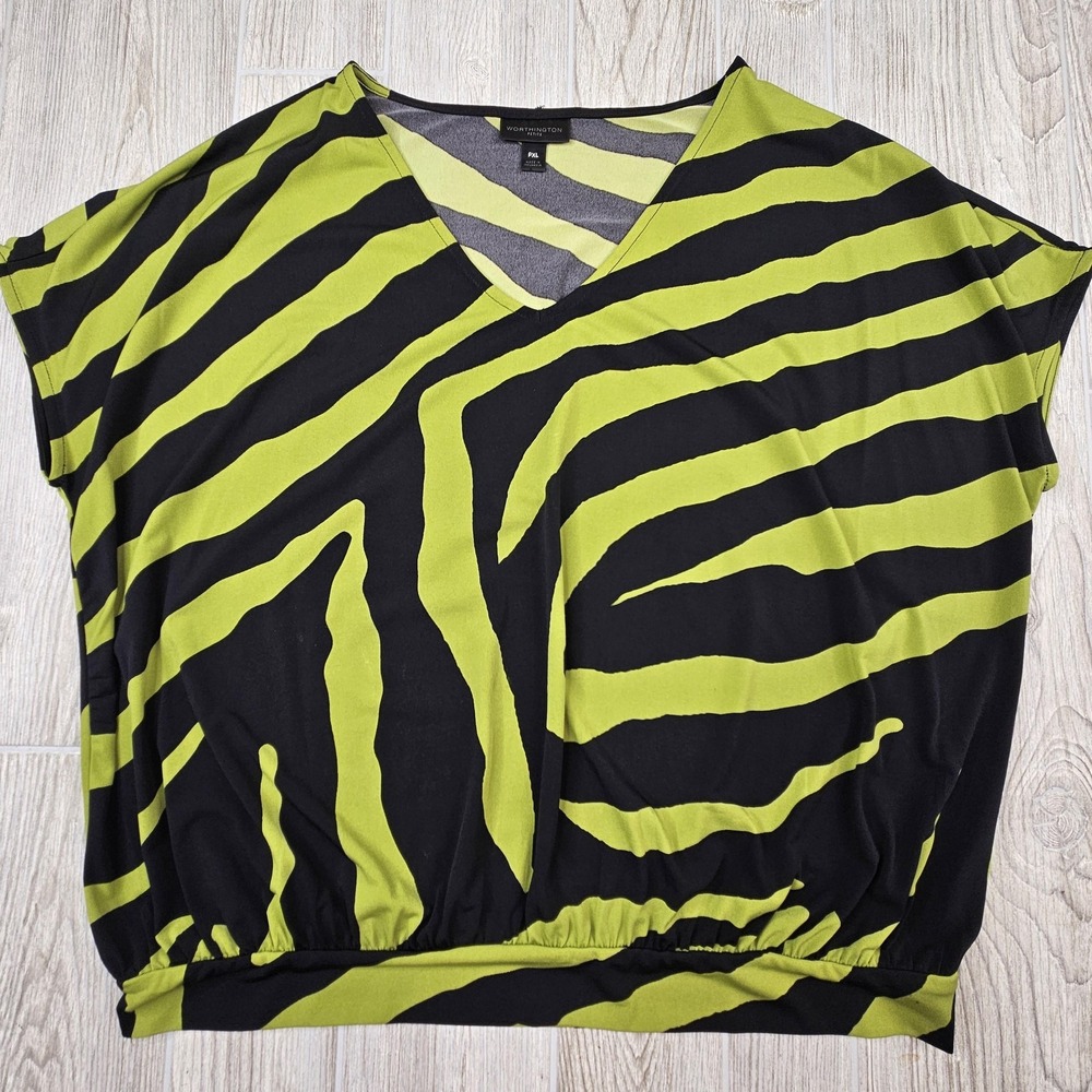 Worthington‎ Shirt Womens PXL Green Black Zebra Print Short Sleeve Stretch Top